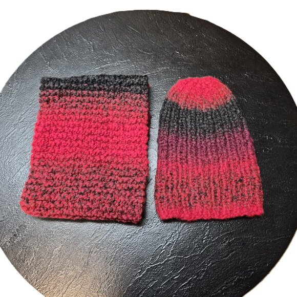 Handmade Alpaca Wool Hat & Snood Set – Red Burgundy Black Soft Chunky Warm Ombre - Picture 6 of 7